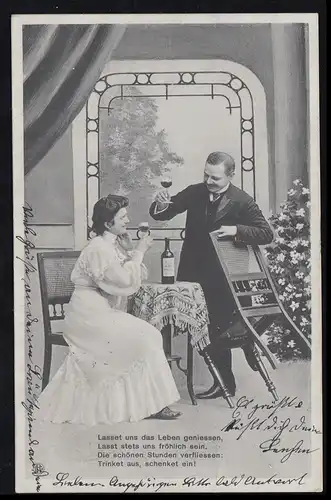 Liebes-AK Liebspaar beim Weintrinken, Gedicht: Leben geniessen, DALSHEIM um 1907