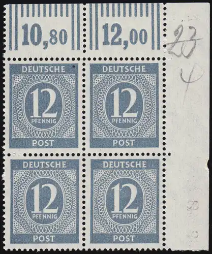 920b W OR chiffre 12 Pf 4 bloc de l'extrémité supérieure de la bobine ** non pliée couleur testée