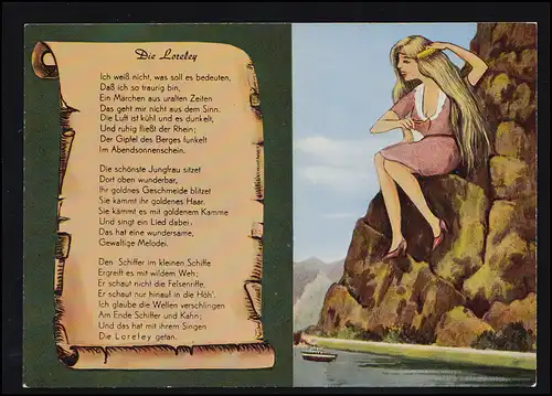 Lyrik-AK Gedicht: Die Loreley - Darstellung der Loreley als Blondine mit Kamm
