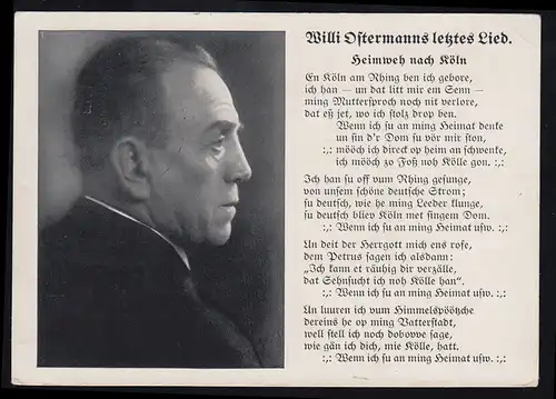 Lyrik-AK Willi Ostermanns letztes Lied: Heimweh nach Köln SSt KÖLN Karneval 1939
