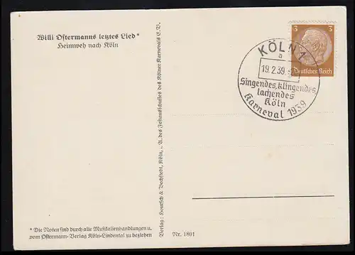 Lyrique AK Willi Ostermann dernière chanson: mal à la maison à Cologne SSt KÖLN Carnaval 1939