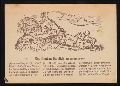 Lyrik-AK Ludwig Uhland: Des Knaben Berglied / Schäfer Flöte Schafe Hund, 1947