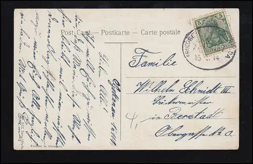 Carte de salutation de l'AK poésie: "Je vous salue aujourd'hui, poste de chemin de fer 1914"