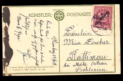 Liebes-AK: Prof. Doubek: Das Versprechen hinterm Herd, WIEN 29.7.1919