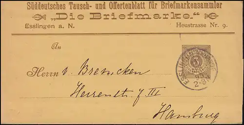 Württemberg Streifband-Sendung Die Briefmarke ESSLINGEN-BAHNHOF 11.4.1895