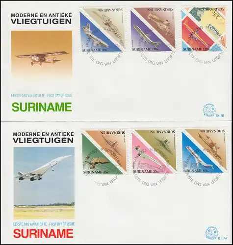 Surinam Flugzeuge: Früher und heute 1987 - Satz auf 2 Schmuck-FDC's