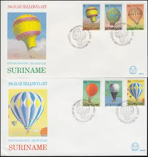 Surinam 200 Jahre Bollonfahrten Ballonvaart 1983 - Satz auf 2 Schmuck-FDC's