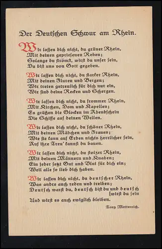 Lyrik-AK Tony Metternich: Der Deutschen Schwur am Rhein., ungebraucht