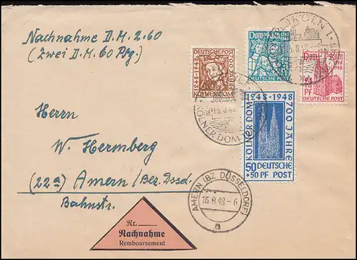 69-72 Kölner Dom 1948 als Satz-Brief per Nachnahme SSt Köln 15.8.48 nach Amern