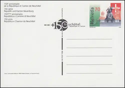 Suisse Carte postale P 260 République et Canton de Neuchâtel 1996, ** frais de port