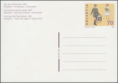 Suisse Carte postale P 258 Jour du timbre Burgdorf 1997, ** frais de port