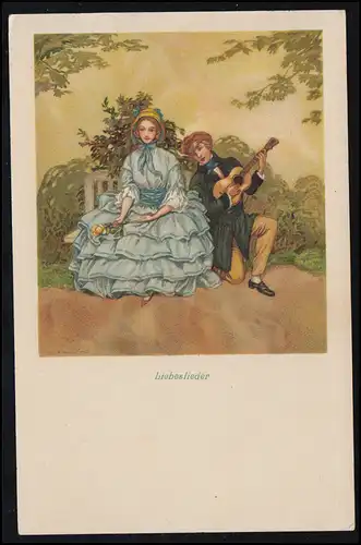 Liebes-AK Liebeslieder: Sitzende Frau und singender Mann mit Gitarre BREMEN 1927