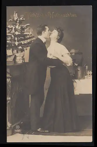 Liebes-AK Der Kuss zu Weihnachten, Bahnpost BINGEN - WORMS 1912