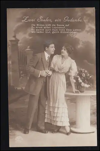 AK Amour couple d'amour souriant - Deux âmes, une pensée. Post ferroviaire 10.6.1919