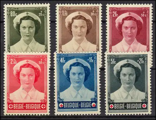 Belgique 961-966 Croix-Rouge Soeur 1953, ensemble complet avec des traces de faux *