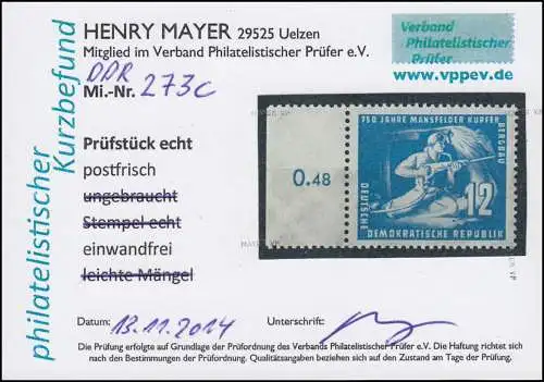 273c Mansfeld 12 Pf en couleur c, bordure ** Short trouvaille Mayer BPP parfaitement