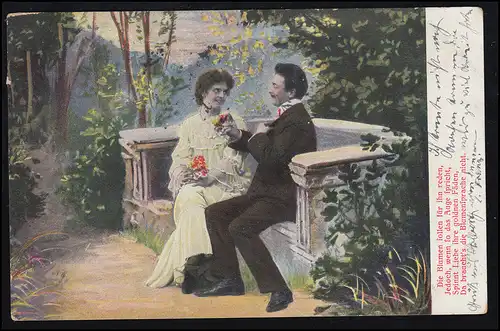 Amour-AK couple d'amour sur le banc - Poème: Que les fleurs parlent pour lui ...