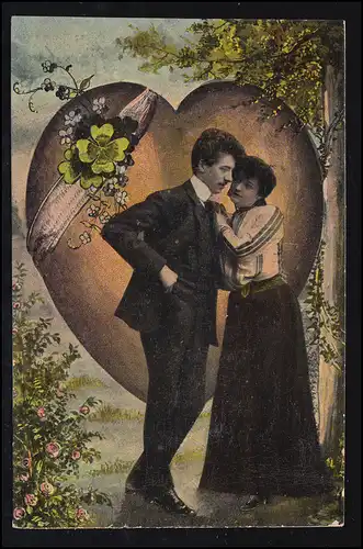 Amour-AK Coeur géant avec couple d'amour, MÜNSTER / WESTF. 27.1.1908