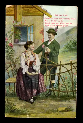 Liebes-AK Liebespaar auf der Alm - Die Blume für sie, BUDAPEST 7.8.1912