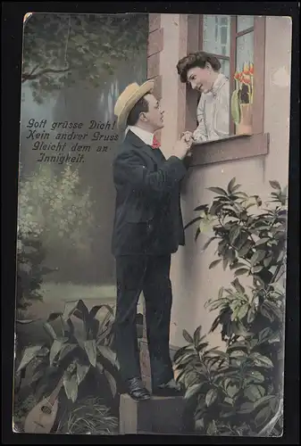 Liebes-AK Liebespaar am Fenster - Gedicht: Gott grüße Dich! LANZENDORF 23.5.1908