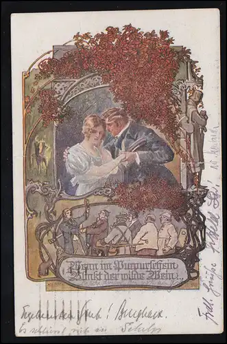 Liebes-AK Liebespaar Gedicht: Wenn im Purpurschein blinkt der wilde Wein ... 