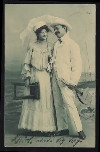 Amour-AK couple avec tabouret et mandoline sur la plage, POTSDAM 28.7.1909