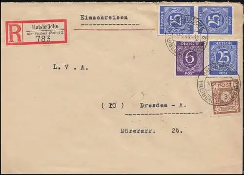 926ff Gemeinschaft mit SBZ 56 als MiF auf R-Brief HALSBRÜCKE / FREIBERG 20.4.46