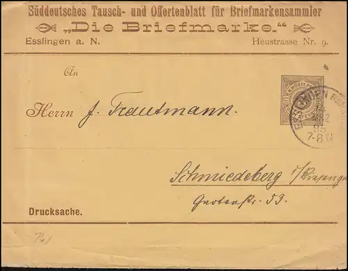 Württemberg Streifband als Drucksache Die Briefmarke ESSLINGEN-BAHNHOF 14.3.1895