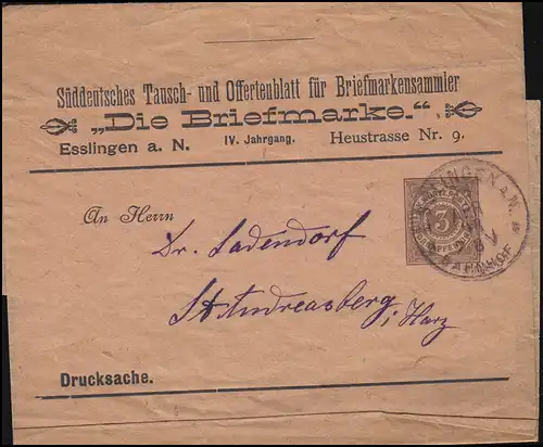 Württemberg Streifband als Drucksache Die Briefmarke ESSLINGEN-BAHNHOF 3.4.1898