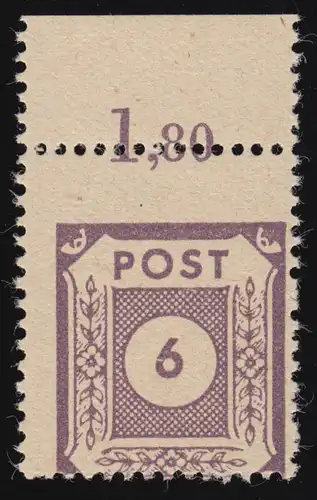 58 Ziffern 6 Pf - Bogenrandstück mit starker Verzähnung durch die Marke, **