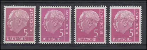 179v Heuss 5 Pf. geriffelte Gummierung, Set mit 4 Farbvarianten, alle Marken **