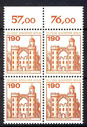 539 Burgen u.Schl. 190 Pf OR-Viererbl. ** postfrisch