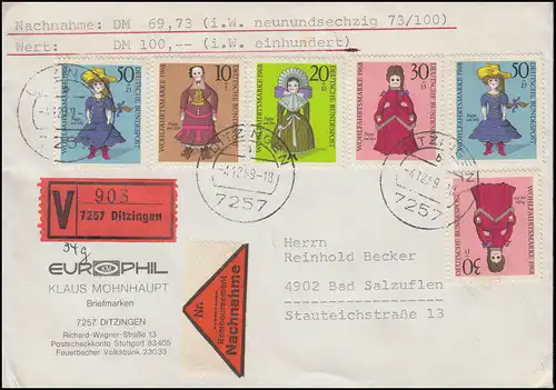 571-574 Wofa Puppen, neun Marken auf NN-Wert-Brief DITZINGEN 4.12.1969