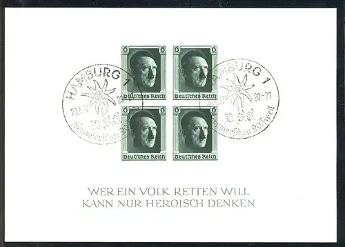 Block 8 Hitler, UNGEZÄHNT, Edelweiß-Sonderstempel SST 20.4.19