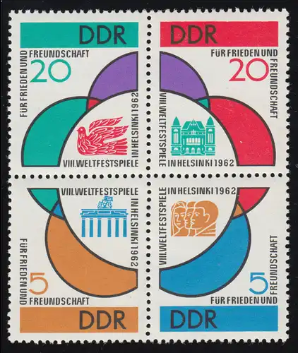 901-904 Festival mondial d'Helsinki 1962 - Quadraerblock **, 903 examiné Schönherr BPP