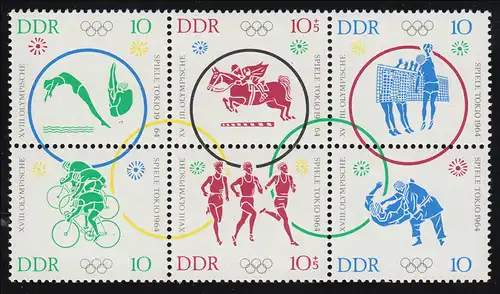 1039-1044 Olympia Tokyo 1964 - Bloc de six **, toutes les valeurs vérifiées Schönherr BPP