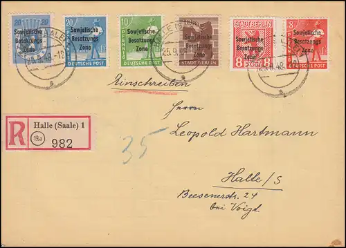 184ff six marques de papier SBZ sur lettre R locale HALLE (SAALE) 1 - 25.9.48