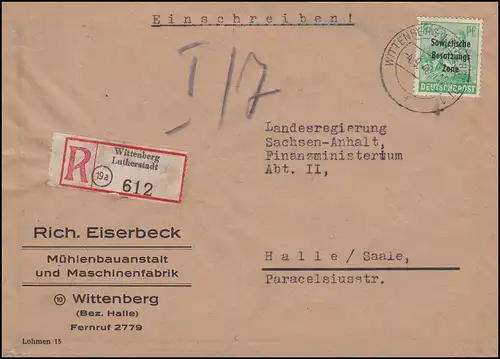 197 SBZ-Aufdruck als EF auf R-Brief WITTENBERG LUTHERSTADT 4.9.1948