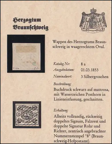 Braunschweig 8a Wappen 3 Sgr., Nummernstempel 8, signiert Richter / Stolow