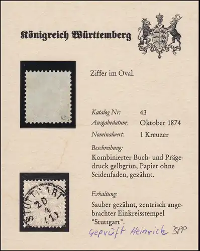 Wurtemberg 43 § 1 Kreuzer, cacheté STUTTGART, examiné par Heinrich BPP