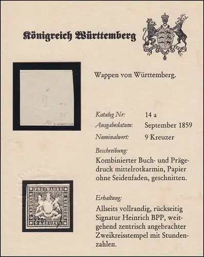 Württemberg 14a Wappen 9 Kreuzer, cacheté HEILBRONN, examiné Heinrich BPP