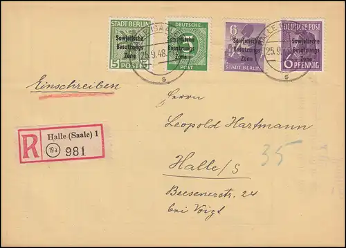 183+200A+201A+207 SBZ-Aufdrucke auf Orts-R-Brief HALLE (SAALE) 1 - 25.9.1948