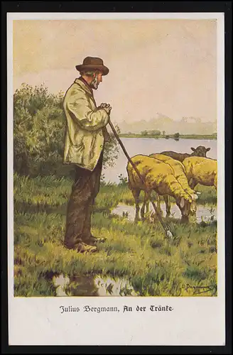 Animaux-AK Julius Bergmann: A l'abreuvoir - bergers avec troupeau au bord du lac, inutilisé