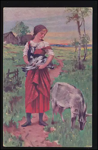 Tiere-AK Jandl: Auf der Weide - Bäuerin mit Ziege auf dem Arm, ungebraucht