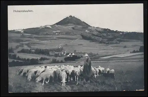 Tiere-AK Schäfer mit seiner Schafherde vor dem Berg Hohenstaufen, ungebraucht