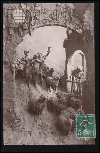 Tiere-AK Neujahr: Singende und spielende Musikanten mit Schafen, beschriftet