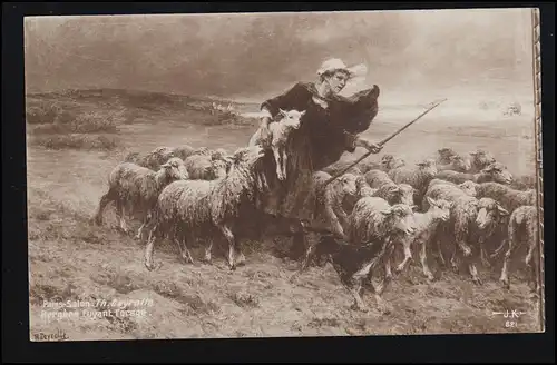 Tiere-AK Th. Deyrolle: Schäferin mit Herde Flucht vor dem Gewitter, ungebraucht