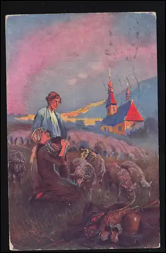 Tiere-AK Ave Maria! Abendgebet eines Schäferpaares mit seiner Herde, Zensur-O