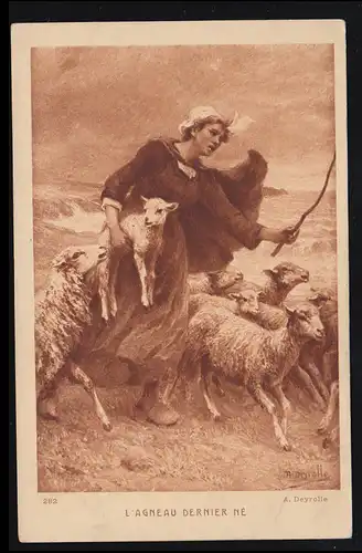 Tiere-AK Deyrolle - Bildausschnitt: Schäferin mit Herde Flucht vor dem Gewitter