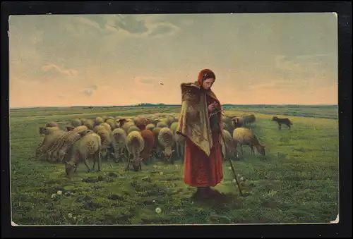 Tiere-AK Francois Millet: Schäferin beim Stricken mit Schafherde, ERLANGEN 1914